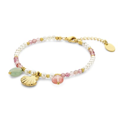 CO88 Collection 8CB-91294 Kralen Armbandje met Pareltjes en Hangertjes - Parel - 3mm - Roze jade - Schelp - 10x13mm - 16,5+3cm - Roze - Wit - Goudkleurig