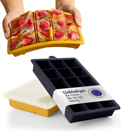 Blumtal IJsblokjesvorm - 2 x 15 IJsblokjes - Hoogwaardig Siliconen - 30 Stuks - 3,3 cm - Vierkant - Incl. Deksel - Donkerblauw en Mosterdgeel - Set van 2