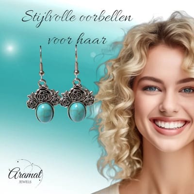 Aramat Jewels | Oorhangers | Boho Oorhangers met Lichtblauwe Steen – Rozen detail 48x21mm | | | |20mm | Staal | Volwassenen | Verkleurd niet