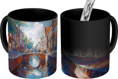 Magische Mok - Foto op Warmte Mokken - Koffiemok - Stad - Gracht - Zon - Fietsen - Magic Mok - Beker - 350 ML - Theemok