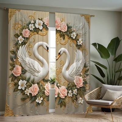 Guirlande de roses jaunes HD numériques en 2 pièces Rideau cygne style Décoration de maison Décorer salon chambre porter tringle à rideau effe W52H63inchW132H160cm white