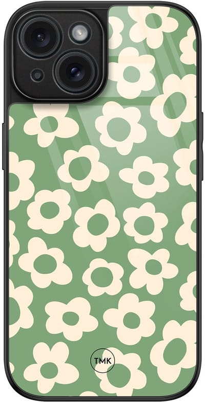 Hoesje geschikt voor Apple iPhone 15 - Retro cute flowers - Groen - TPU luxe case (glossy toplaag) - Bloemen - Hardcase backcover zwart