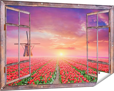 Gards Tuinposter Doorkijk Rode Rozen Bloemenveld met een Windmolen - 150x100 cm - Tuindoek - Tuindecoratie - Wanddecoratie buiten - Tuinschilderij