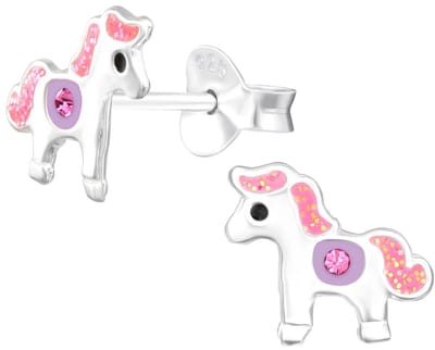 Joy|S - Zilveren paard oorbellen - 9 x 8 mm - zilver paardje met roze glitter manen - roze kristal - kinderoorbellen