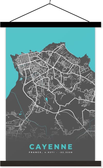 Posterhanger incl. Poster 40x60 cm - Schoolplaat - Frankrijk - Plattegrond - Kaart - Stadskaart - Cayenne - Textielposter - Zwarte latten - Stadskaart