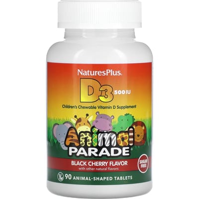 Source Of Life, Animal Parade, Vitamine D3, Suikervrij, Natuurlijke Zwarte Kers, 12,5 mcg (500Iu), 90 Tabletten in diervorm