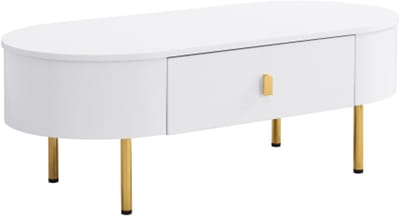 Salontafel met twee lades, gouden handgrepen en poten, afgeronde hoeken,wit