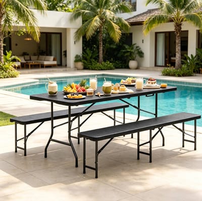 MIVRAY Tuinset 180 x 74 x 70 cm Klapbaar Biertafelset Met 2 Banken Voor Tuin Balkon En Camping HDPE Metaal Zwart