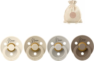 BIBS spenen rond met naam - Vanilla, Ivory, Sand en Dark oak T2 - met BolleToet speenzakje