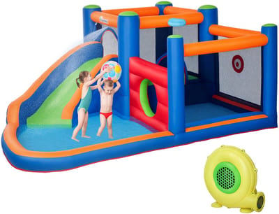 Opblaasbaar springkasteel met zwembad, glijbaan en springzone, inclusief elektrische pomp, voor max. 3 kinderen, 380 x 340 x 170 cm