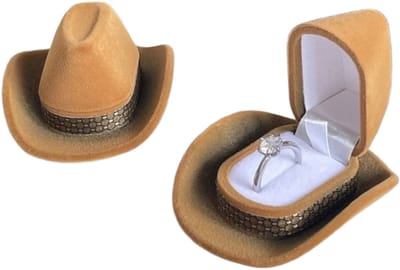 ringdoosje-Sieradendoos in de vorm van een cowboyhoed - Creatieve cowboyfluweel - Ringendoos - Display-opbergdoos - Voor verloving en bruiloft van vrouwen - Ornamenten - Verrassing (bruin - 6,9 * 5,7)