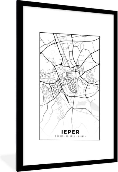 Fotolijst incl. Poster Zwart Wit- Stadskaart – Plattegrond – België – Zwart Wit – Ieper – Kaart - 60x90 cm - Posterlijst
