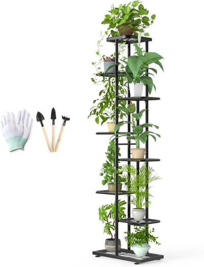 8-verdiepingen bloemenstandaard van metaal, zwart met tuingereedschap en handschoenen, 141 cm hoekbloemenrek, plantenrek voor binnen en buiten, meerdere bloementrappen, plantenstandaard voor