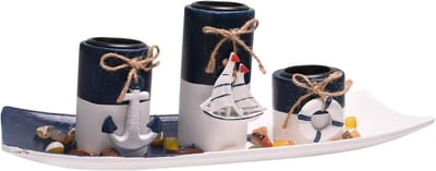 Theelichthouders set hout met maritieme decoratie, 3 kandelaars met reddingsring, scheepsanker, zeilschip-hanger, dienblad, stenen, mediterrane stijl, tafeldecoratie, vintage decoratie, blauw