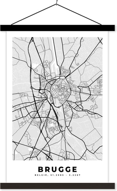 Posterhanger incl. Poster 40x60 cm - Schoolplaat - Stadskaart – Zwart Wit - Kaart – Brugge – België – Plattegrond - Textielposter - Zwarte latten - Stadskaart