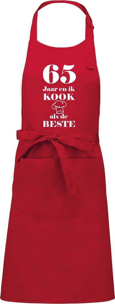 Mijncadeautje - Luxe schort - 65 jaar - en ik kook als de beste - rood