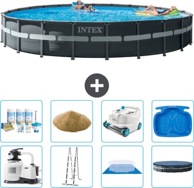 Intex Rond Ultra XTR Frame Zwembad - 732 x 132 cm - Inclusief Pomp - Ladder - Grondzeil - Afdekzeil Onderhoudspakket - Filterzand - Stofzuiger - Voetenbad