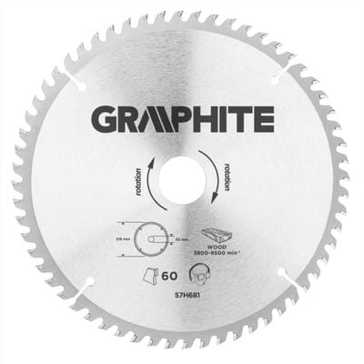 Graphite 57H681 Cirkelzaagblad voor Hout 216mm, Asgat 30mm, Tanden 60, Dikte 3,2, Vulringen 16/20/25, TCT