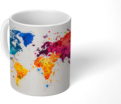 Mok - Koffiemok - Wereldkaart - Graffiti - Kleurrijk - Mokken - 350 ML - Beker - Koffiemokken - Theemok