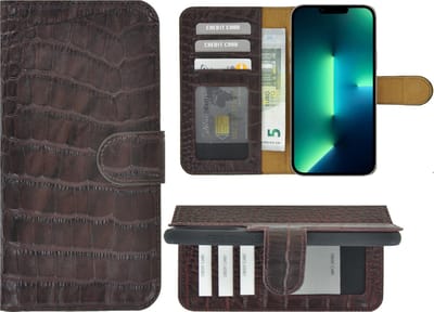 Hoesje Geschikt voor iPhone 13 Pro - Bookcase - Portemonnee Hoes Echt leer Wallet case Croco Chocoladebruin