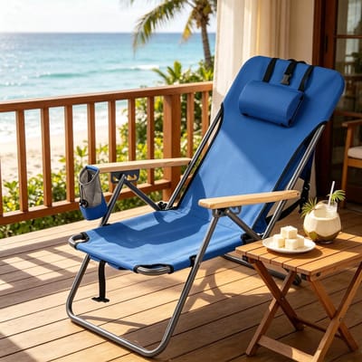 Campingstoel - Relaxstoel Met 4 Standen - Hoofdkussen, Armleuningen En Opbergvak - Voor Strand, Tuin En Picknick - Metaal Blauw