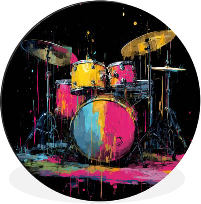 WallCircle - Wandcirkel - Muurcirkel - Drumstel - Kleurrijk - Verf - Levendig - Aluminium - Dibond - 30x30 cm - Binnen en Buiten