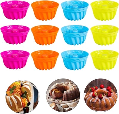 Set van 12 Herbruikbare Mini Gugelhupf Siliconen Bakvormen voor Feestjes in Rood, Oranje, Groen en Blauw