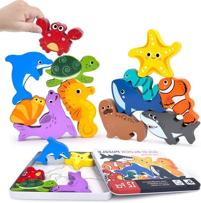 Houten Dieren Puzzel - Cijfer Puzzel Sorteerblokken - Motoriek Ontwikkelen - 12 Zee Dieren Vormen - 12 Stuks - Zee Kleuren