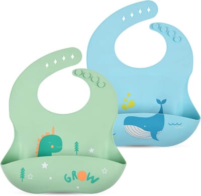 Set van 2 3D Siliconen Slabbetjes Waterdicht en BPA-vrij met Verzameltas voor Kinderen en Baby's, Verstelbare Maten, Dinosaurus en Walvis