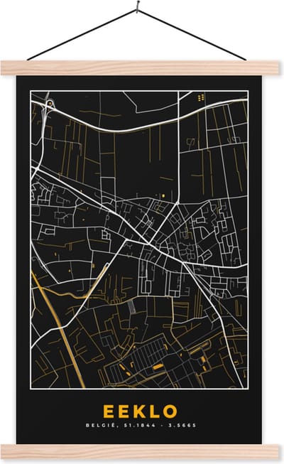 Posterhanger incl. Poster 40x60 cm - Schoolplaat - Plattegrond - Goud - Kaart - Eeklo - Stadskaart - Textielposter - Blanke latten - Stadskaart