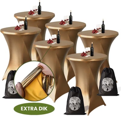 Statafelrok Goud x 6 – ∅80-85 x 110 cm met Opbergtas – Statafelhoes Stretch Stof – Kras- en Vouwvrije Statafel Rok Extra Dik – Goude Sta Tafelrok 6 Stuks – Statafelhoezen Voor Horeca, Evenementen, Feest, Bruiloft en Partijen