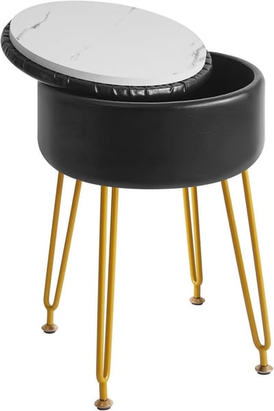 Ronde Voetsteun Kruk met Opslag - Make-up Vanity Stoel en Bijzettafel - PU Kaptafel Zitting met Verwijderbare Cover en Gouden Stalen Poten - Zwart