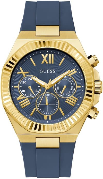 Guess Equity Quartz Analoog Horloge Blauw Kast Gemaakt Van 100% Roestvrij Staal En Een Armband Van 100% Siliconen 44 GW1011G1, GW1011G2