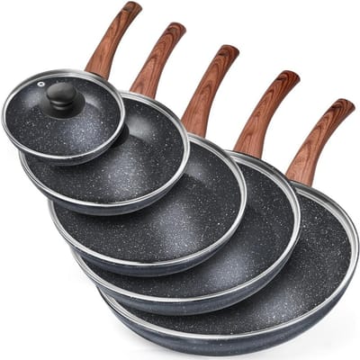 Vilde Black&Wood Serie - Granieten Koekenpannenset - 16-32 cm - Met Glazen Deksel