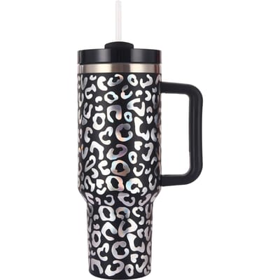 Tasse isotherme à imprimé léopard avec autocollant pour eau avec poignée, tasse de voiture en acier inoxydable, tasse de grande capacité 40oz