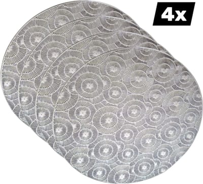 4x Placemat Zilver Monet Rondjes - Vinyl Crochet Placemats - Rond 39.5 cm - Hittebestendig - Chique - Feesttafel - Anti-slip Onderlegger - Placemat - Set van 4