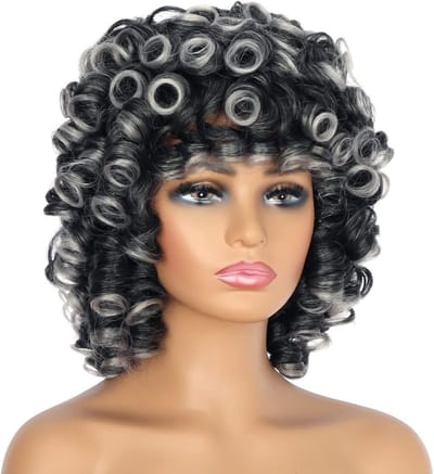 Natuurlijke uitziende synthetische haarwig voor zwarte vrouwen, afro haar met losse krullen, korte haarwig met volle krullen en bangs in zwart en grijs