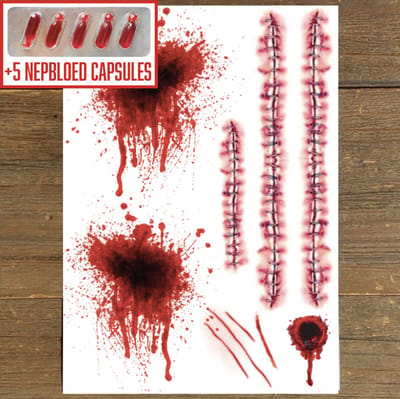 GetGlitterBaby® - Tattoo + Nep Bloed Capsules / Halloween Horror Decoratie Versiering Wonden / Carnaval Schmink Make Up Plak Tattoos / Tijdelijke Tattoo / Nep Tatoeage + Vloeibaar Dik Rood Bloed / Nepbloed / Nep Wond / Fake Kunst Blood - 5 Capsules