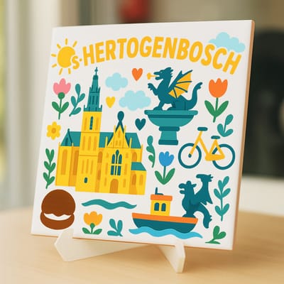 Tegeltje Den Bosch - 15×15 cm – Keramiek – Decoratief Souvenir – Inclusief Transparante Houder / Ezel – Cadeau - Tegeltjes met tekst