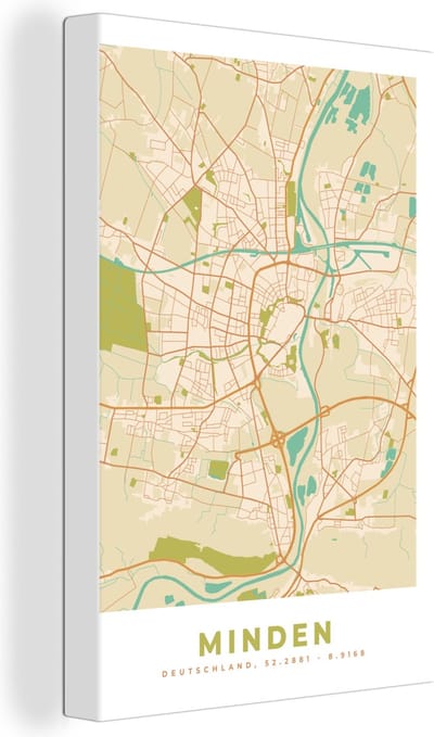 Canvas Schilderij Stadskaart - Minden - Plattegrond - Kaart - 20x30 cm - Wanddecoratie