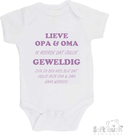 100% katoenen Romper "Lieve opa & oma ik hoorde dat jullie geweldig zijn en ben heel blij dat jullie mijn opa & oma gaan worden!" Meisjes Katoen Wit/lila Maat 56/62