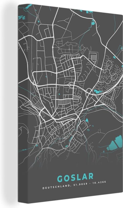 Canvas Schilderij Blauw – Duitsland – Plattegrond – Stadskaart – Kaart – Goslar - 20x30 cm - Wanddecoratie