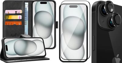 Hoesje geschikt voor iPhone 15 - Screenprotector FullGuard & Camera Lens Screen Protector Zwart - Book Case Kunstleer Pasjeshouder Zwart