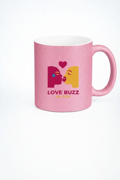 Roze Glitter Mok 'Love Buzz' - Romantische Kus Emojis & Est. 2024 - Cadeau voor Liefdesparen