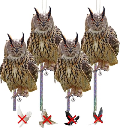 Famanu – Duivenafweer set van 4 stuks in uilvorm - effectieve vogelverschrikker met reflecterende band - helpt duiven en andere vogels te weren van balkon - dak en tuin