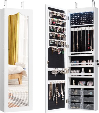 COSTWAY Hangende sieradenkast, simpelkast met ledverlichting, spiegel en 6 laden, hangkast voor deur- en wandmontage, sieradenkast voor het opbergen van sieraden en cosmetica, wit