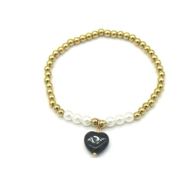 Armband - Elastisch - RVS - Goudkleurig - Hart Steen - Zwart – valentijn – cadeau