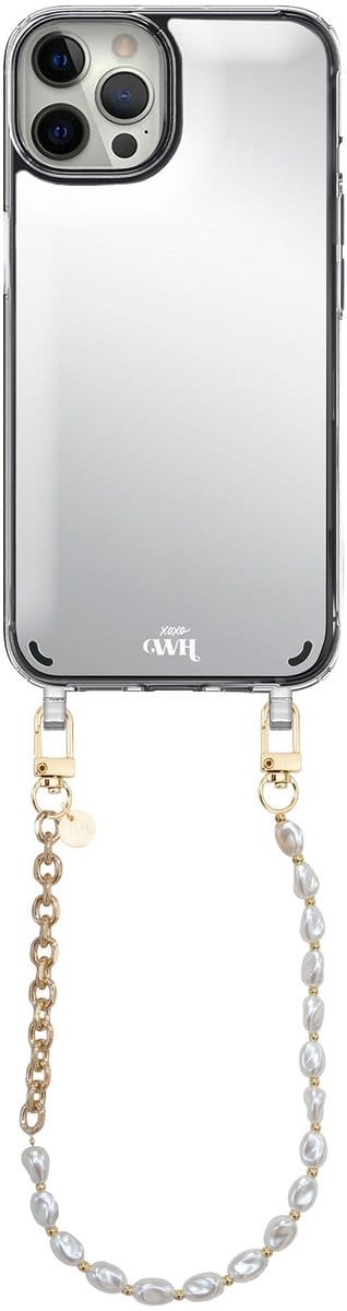 xoxo Wildhearts hoesje met spiegel geschikt voor iPhone 12 Pro Max case - Over The Moon Mirror Case - Kort koord - Siliconen telefoonhoesje met spiegel - Schokbestendig - Parelketting met gouden schakels