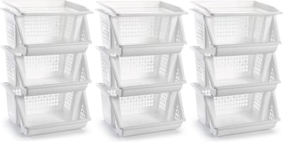 Plasticforte Opbergkrat - Pakket van 9x stuks - wit - 3 vakken - 62 cm - Stapelkratten - Stapelbare manden