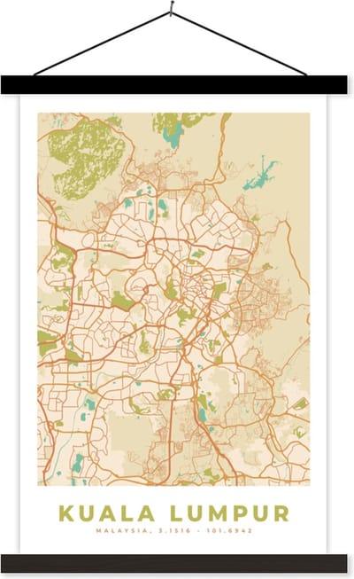 Posterhanger incl. Poster 40x60 cm - Schoolplaat - Kaart - Kuala Lumpur - Stadskaart - Plattegrond - Vintage - Textielposter - Zwarte latten - Stadskaart